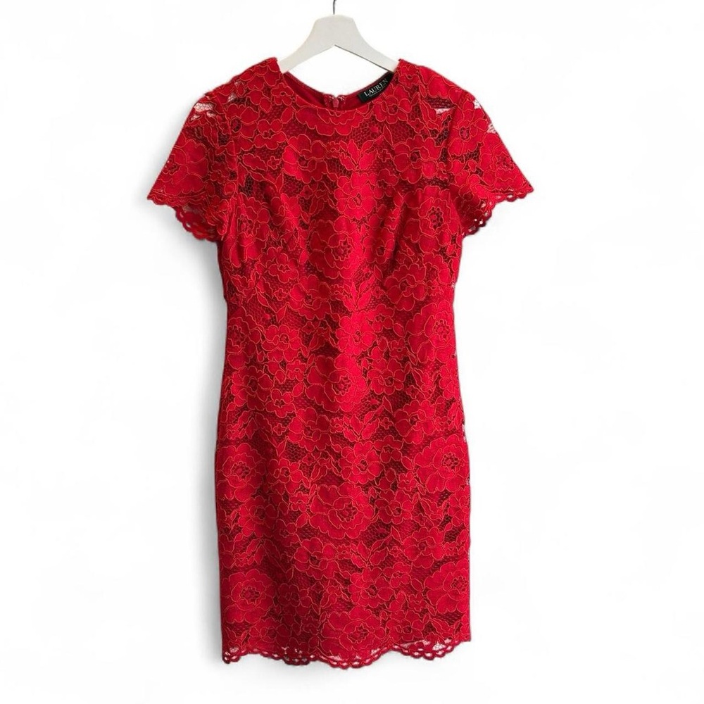 Red lace capped sleeves zipper back Lauren Ralph Lauren dress Size 6